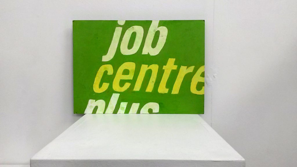 More green than centred v- a painting of a distorted job centre sign