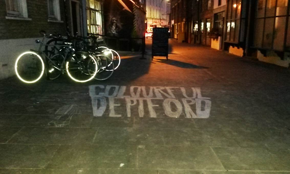 title of the Deptford Colouring Book on the pavement